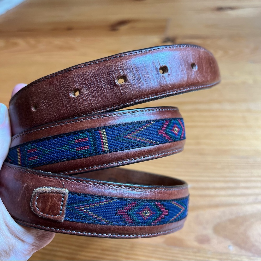 Mens Leather Aztec Tribal Western Inlayed Belt Brass Buckle Size 38 Multi USA - Picture 4 of 12